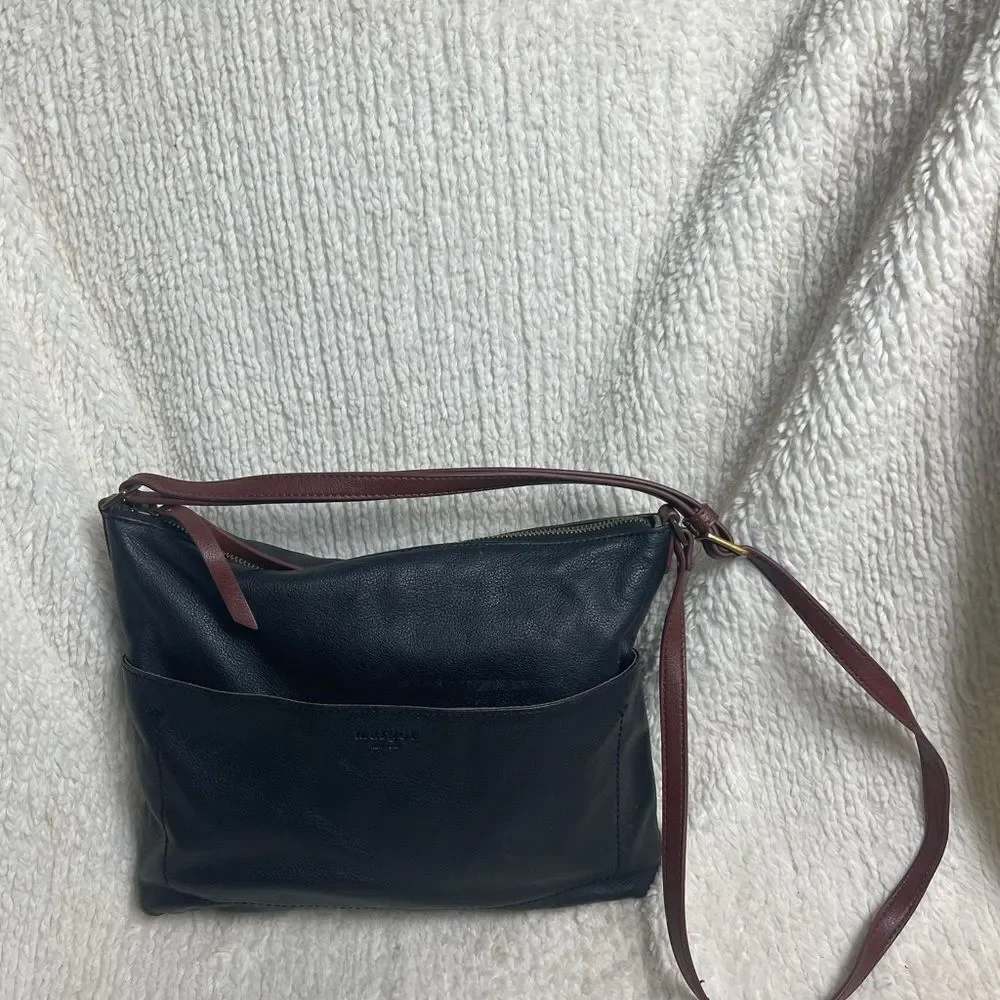 Margot Elegant Black Leather medium Shoulder Bag with Leather brown strap .